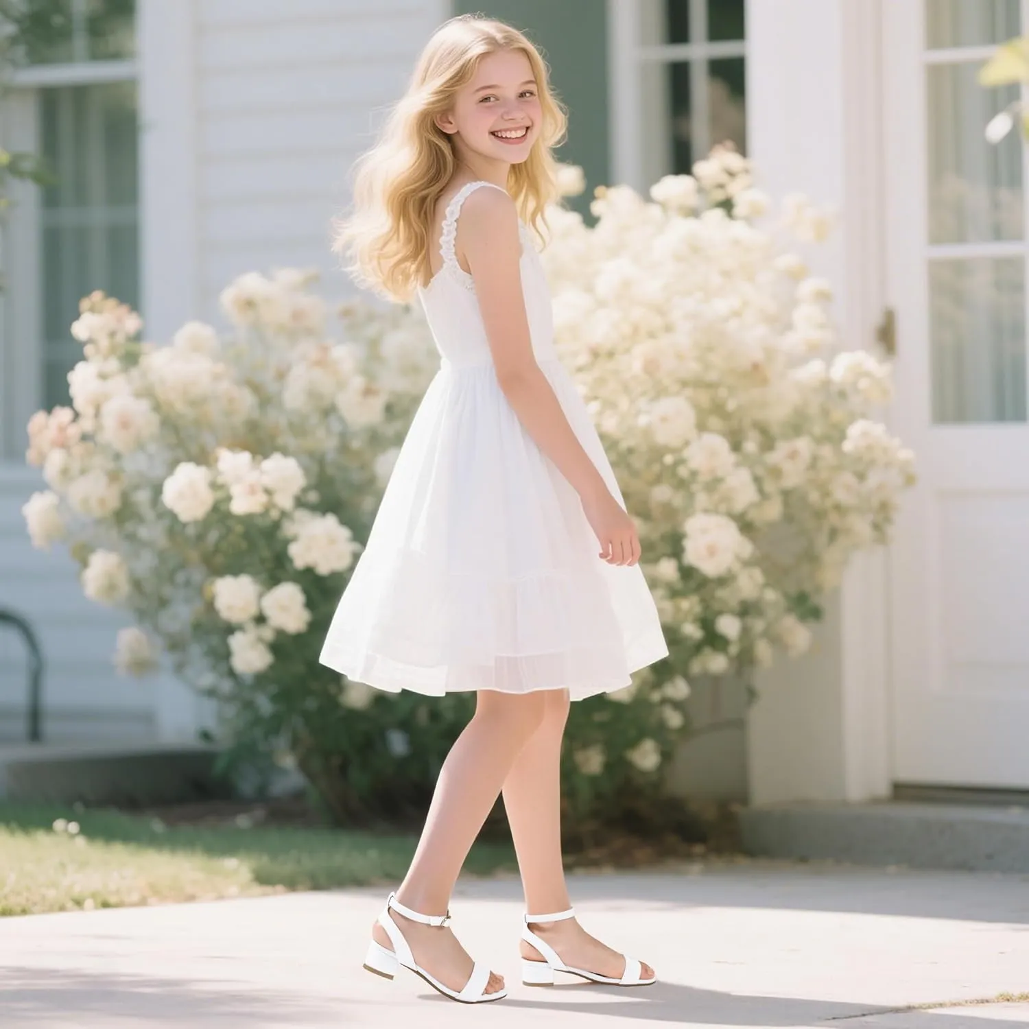 PANDANINJIA Girls Sandals Low Heels Dress Shoes Open Toe Flower Girl Wedding Party for Little Big Kid Dress Sandals
