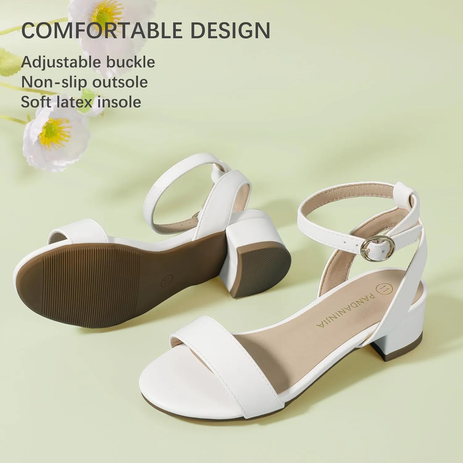 PANDANINJIA Girls Sandals Low Heels Dress Shoes Open Toe Flower Girl Wedding Party for Little Big Kid Dress Sandals
