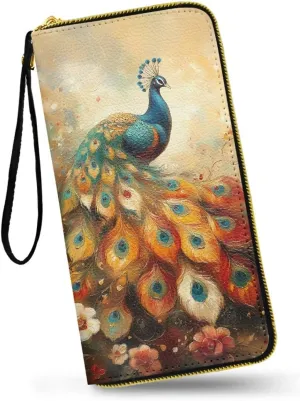 Peacock Oil Painting Travel Wallet for Women PU Leather Wristlet Clutch Bag, Peacock Bird Flowers Long Zip Clutch Coin Purse