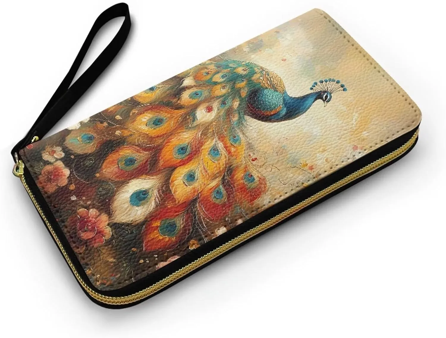 Peacock Oil Painting Travel Wallet for Women PU Leather Wristlet Clutch Bag, Peacock Bird Flowers Long Zip Clutch Coin Purse