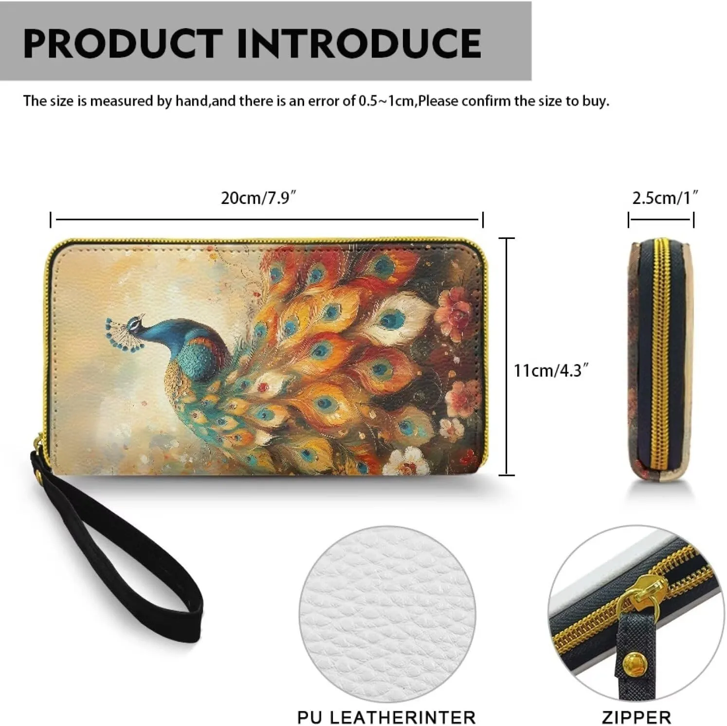 Peacock Oil Painting Travel Wallet for Women PU Leather Wristlet Clutch Bag, Peacock Bird Flowers Long Zip Clutch Coin Purse