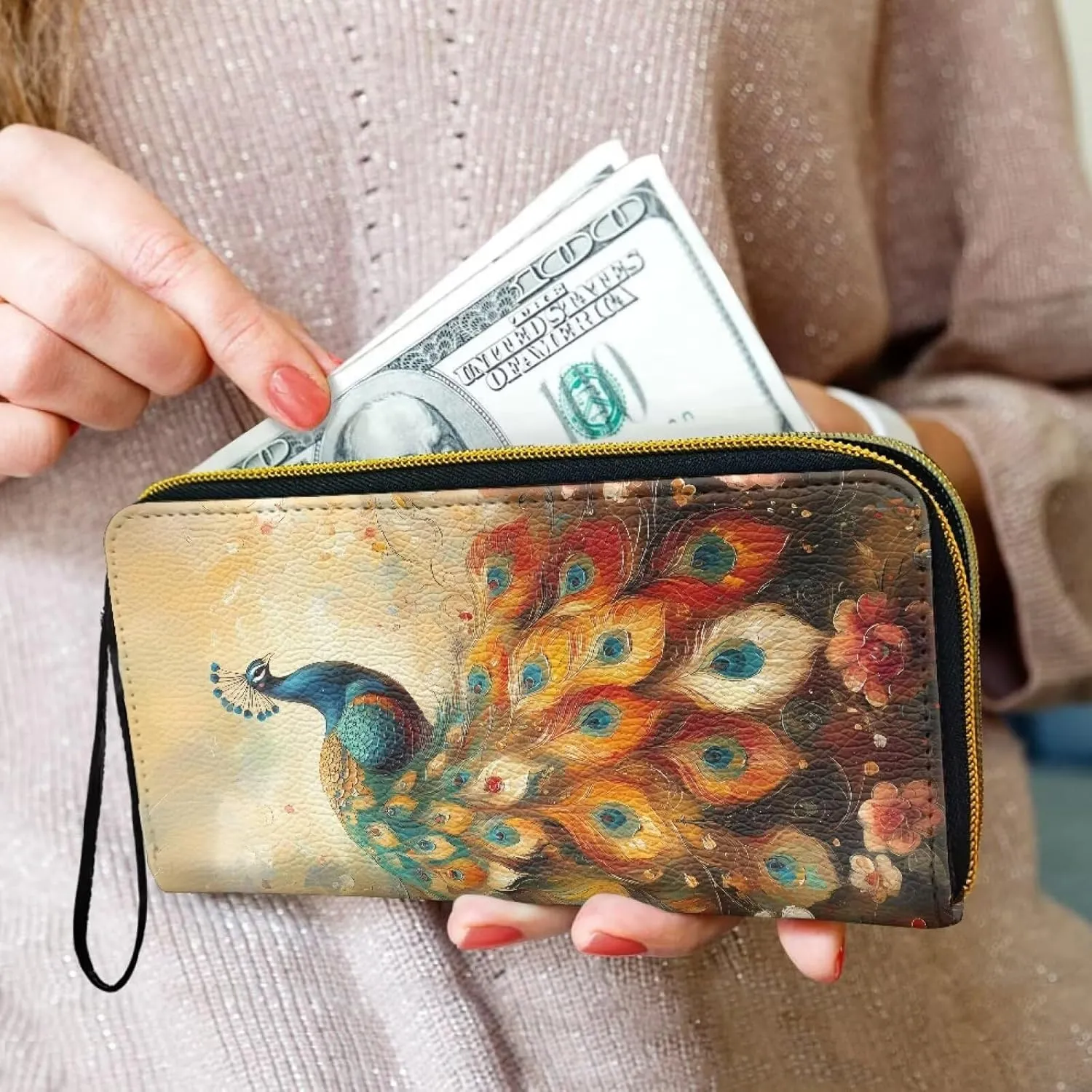 Peacock Oil Painting Travel Wallet for Women PU Leather Wristlet Clutch Bag, Peacock Bird Flowers Long Zip Clutch Coin Purse