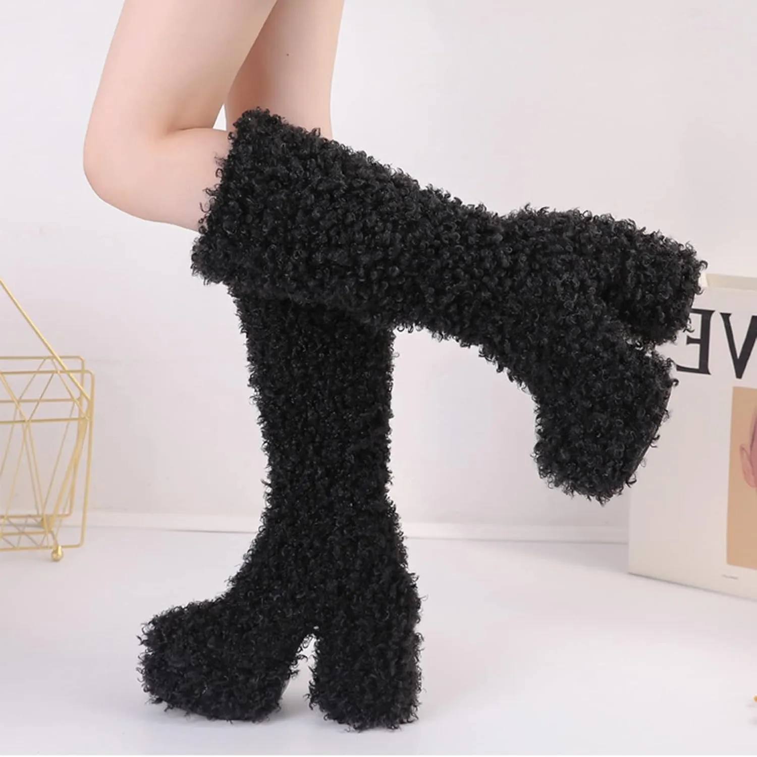 Platform Boots for Women Chunky High Heel Fur Boots