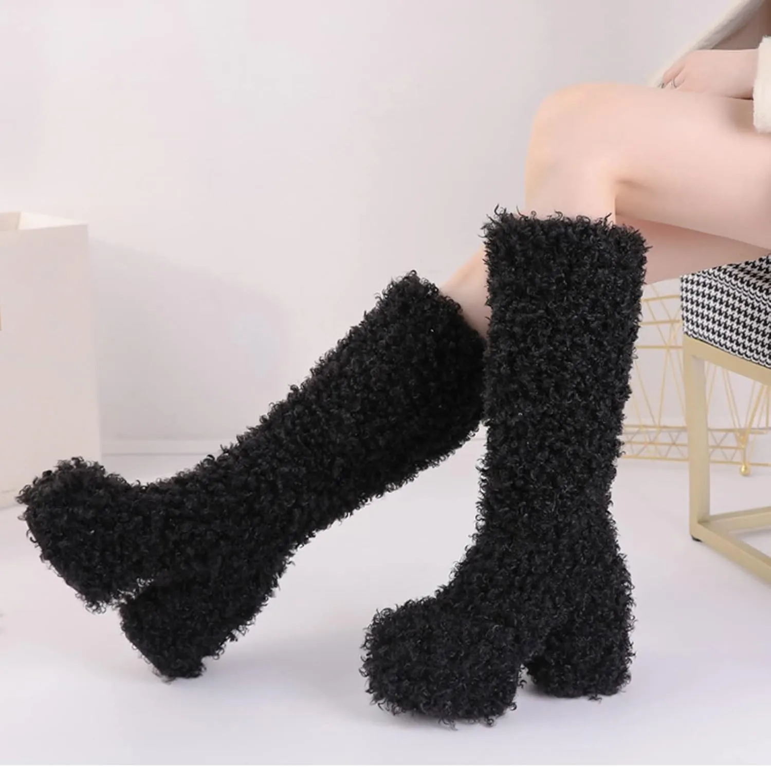 Platform Boots for Women Chunky High Heel Fur Boots