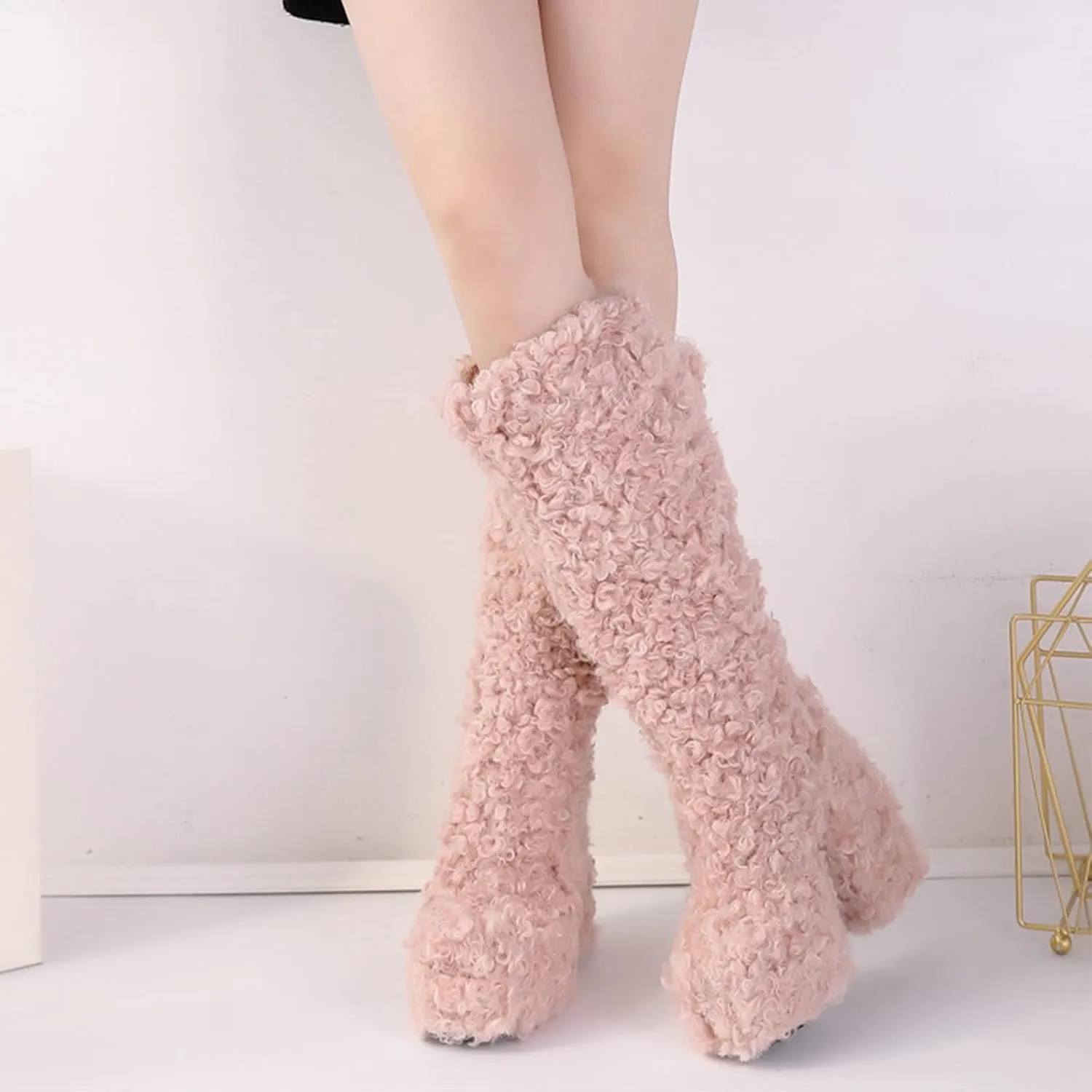 Platform Boots for Women Chunky High Heel Fur Boots