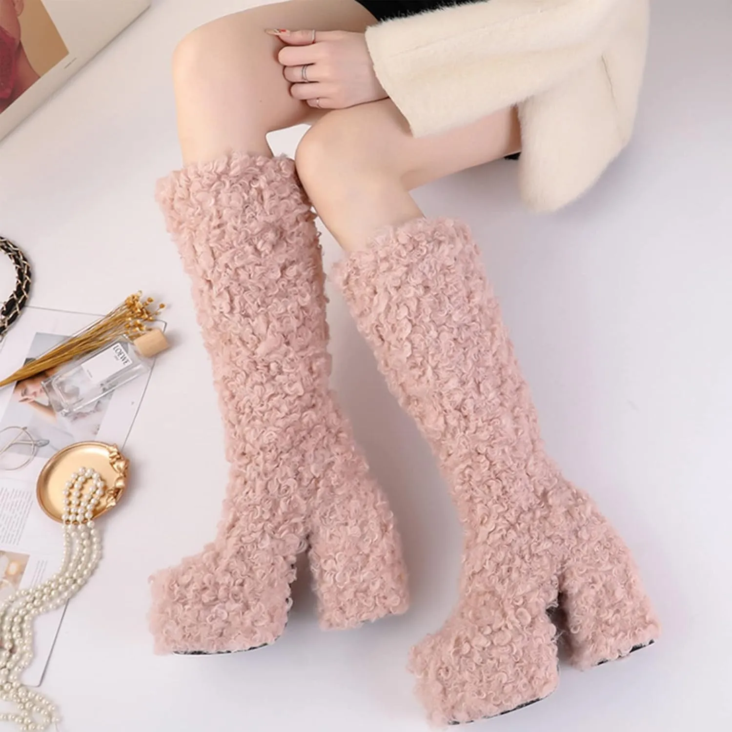 Platform Boots for Women Chunky High Heel Fur Boots