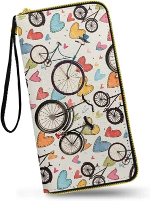Retro Bicycle Pattern Womens Zip Around Wallet Credit Card Holder with Wristlet, Colorful Hearts Print Zipper Wallet Money Organizers PU Leather Slim Coin Purse