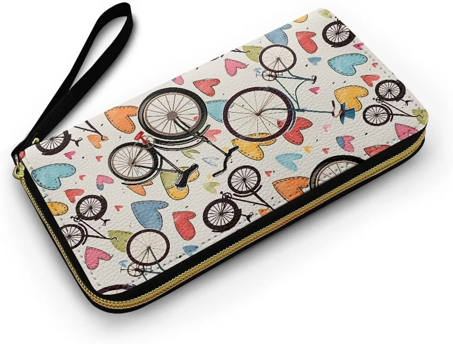 Retro Bicycle Pattern Womens Zip Around Wallet Credit Card Holder with Wristlet, Colorful Hearts Print Zipper Wallet Money Organizers PU Leather Slim Coin Purse