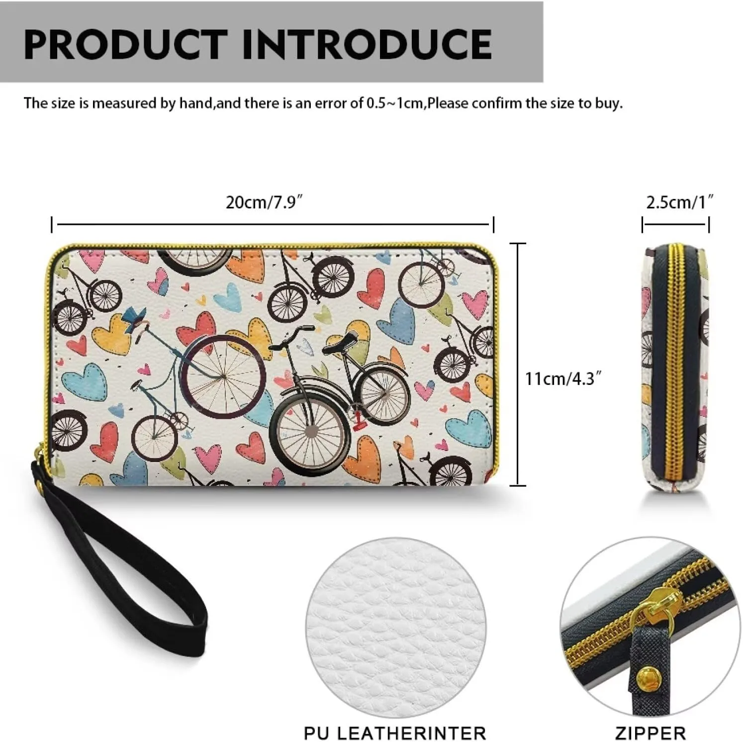 Retro Bicycle Pattern Womens Zip Around Wallet Credit Card Holder with Wristlet, Colorful Hearts Print Zipper Wallet Money Organizers PU Leather Slim Coin Purse