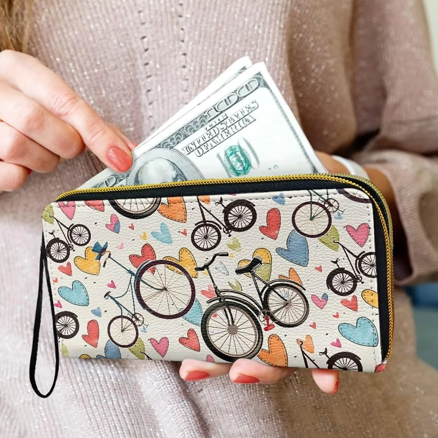 Retro Bicycle Pattern Womens Zip Around Wallet Credit Card Holder with Wristlet, Colorful Hearts Print Zipper Wallet Money Organizers PU Leather Slim Coin Purse