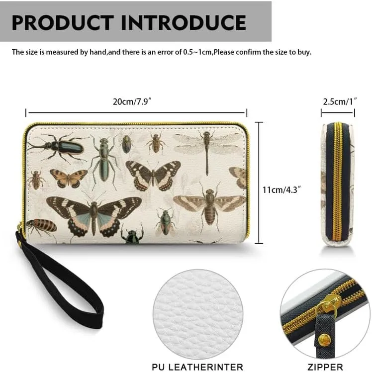 Retro Scientific Bugs Zipper Long Wallet for Women Credit Card Holder Clutch, Bugs Lover Long Billfold Wallets Wristlet Money Manager