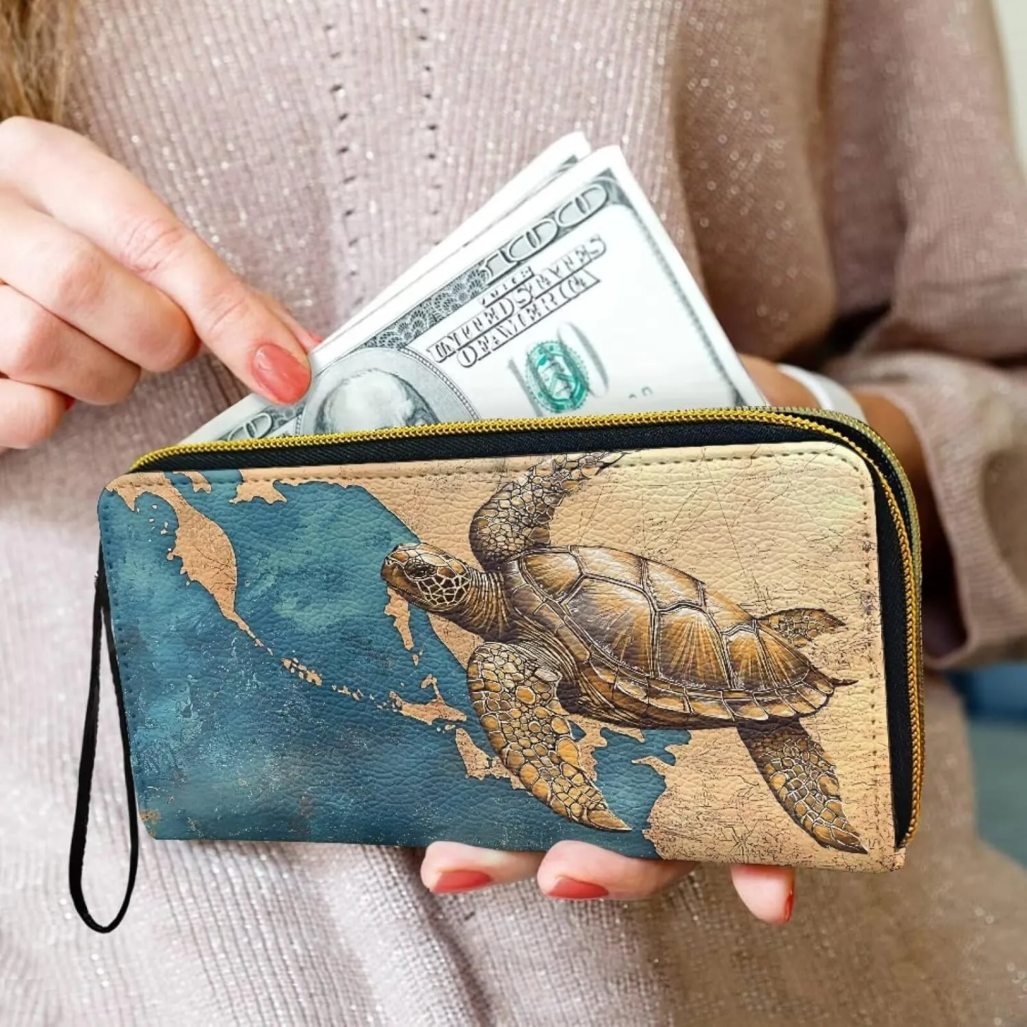 Retro Sea Turtle Slim Wallet for Women Large Capacity Wristlet Clutch Bag, Vintage Ocean Map Print Long Zip Clutch Wallets Travel Coin Purse, Khaki Blue