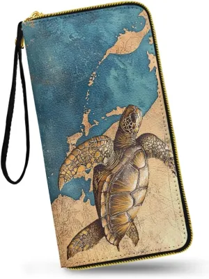 Retro Sea Turtle Slim Wallet for Women Large Capacity Wristlet Clutch Bag, Vintage Ocean Map Print Long Zip Clutch Wallets Travel Coin Purse, Khaki Blue