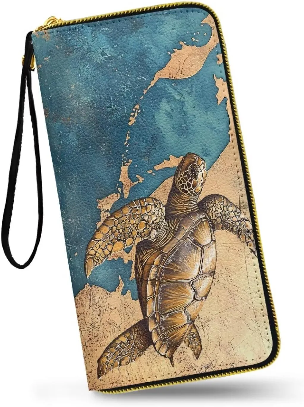 Retro Sea Turtle Slim Wallet for Women Large Capacity Wristlet Clutch Bag, Vintage Ocean Map Print Long Zip Clutch Wallets Travel Coin Purse, Khaki Blue