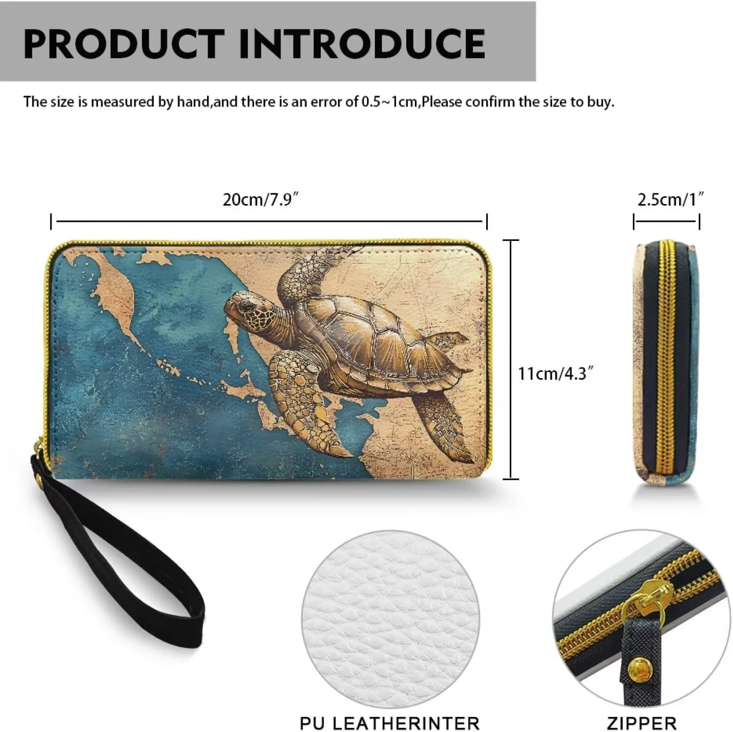 Retro Sea Turtle Slim Wallet for Women Large Capacity Wristlet Clutch Bag, Vintage Ocean Map Print Long Zip Clutch Wallets Travel Coin Purse, Khaki Blue