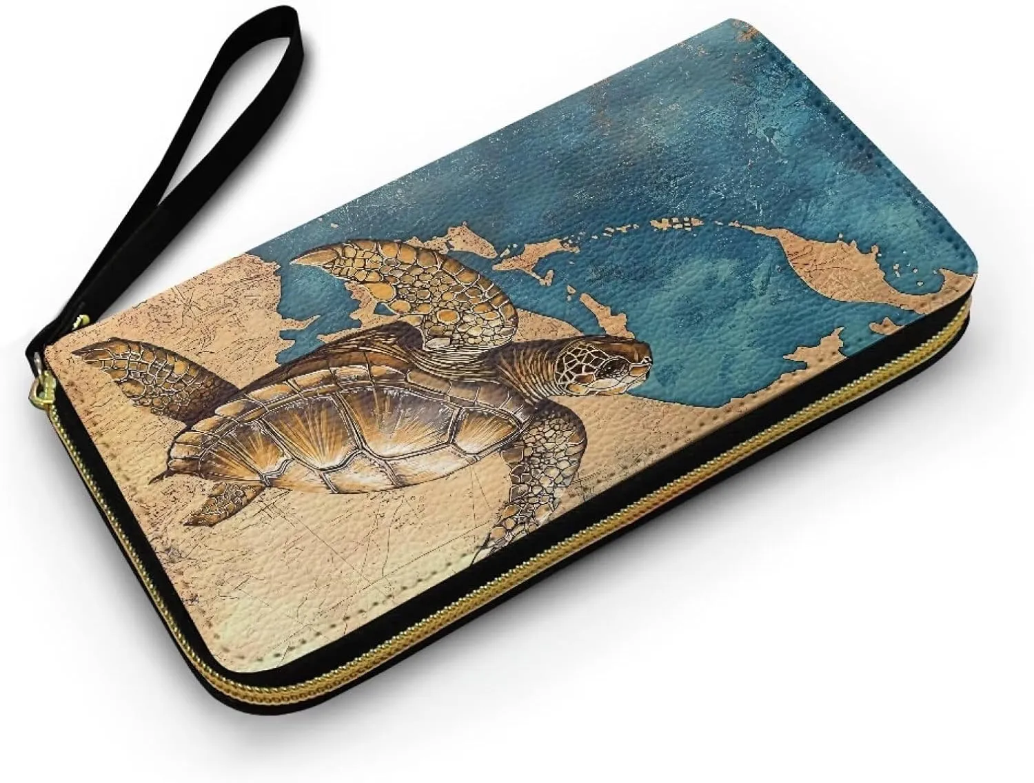 Retro Sea Turtle Slim Wallet for Women Large Capacity Wristlet Clutch Bag, Vintage Ocean Map Print Long Zip Clutch Wallets Travel Coin Purse, Khaki Blue