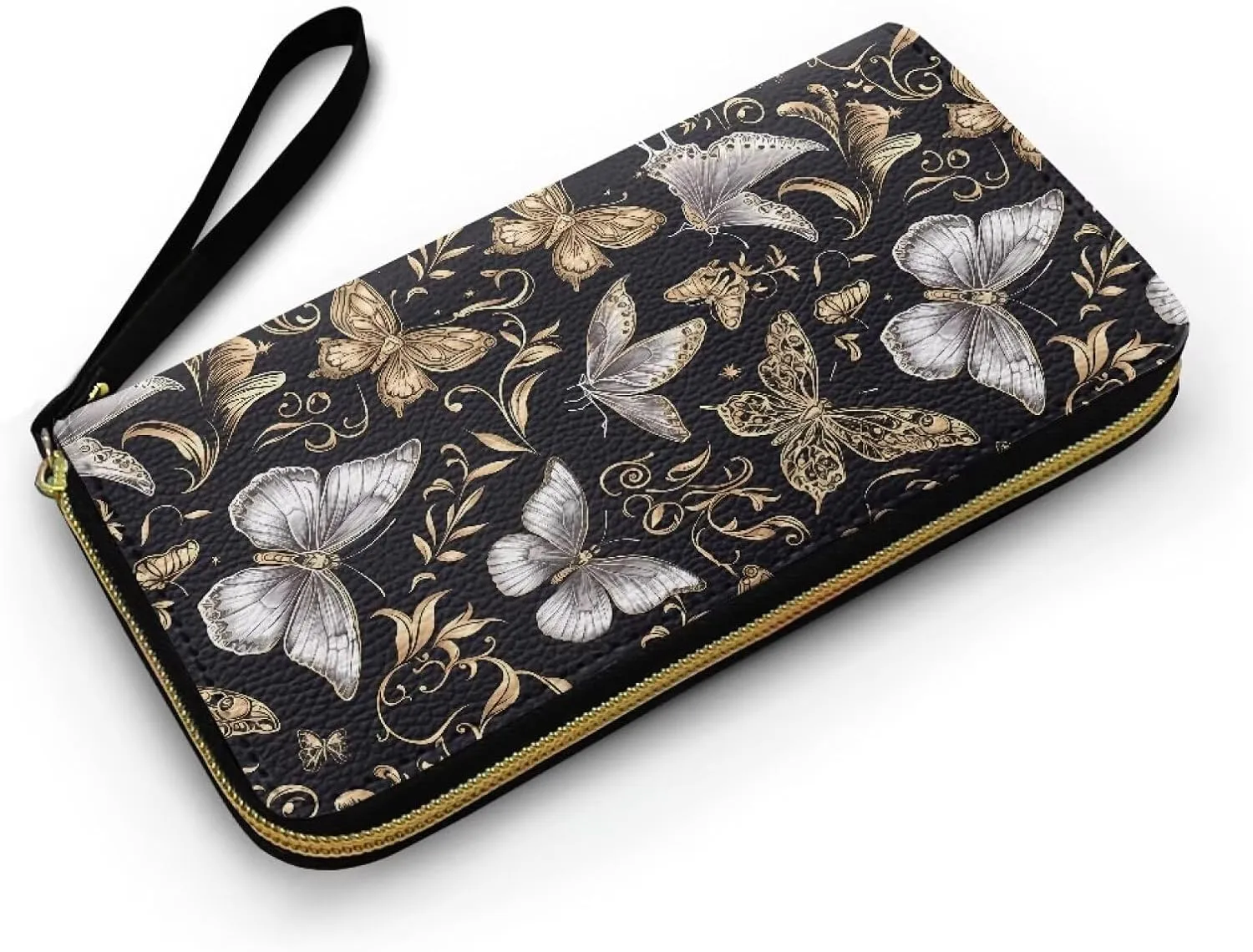 Silver Gold Butterfly Zip Around Wallet for Women Credit Card Holder with Coin Purse, Butterflies Floral Zipper Long Wallets Phone Money Organizers