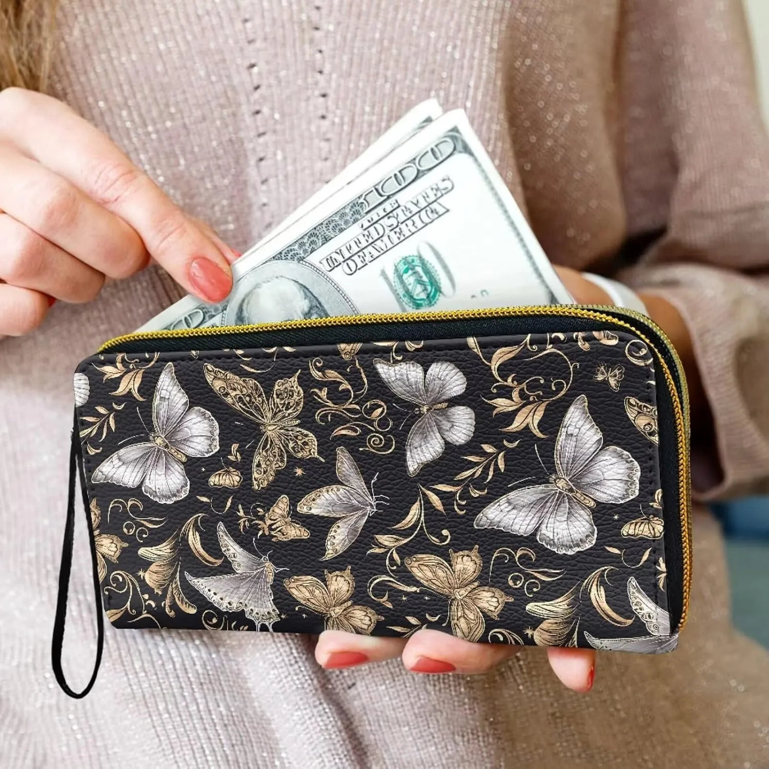 Silver Gold Butterfly Zip Around Wallet for Women Credit Card Holder with Coin Purse, Butterflies Floral Zipper Long Wallets Phone Money Organizers