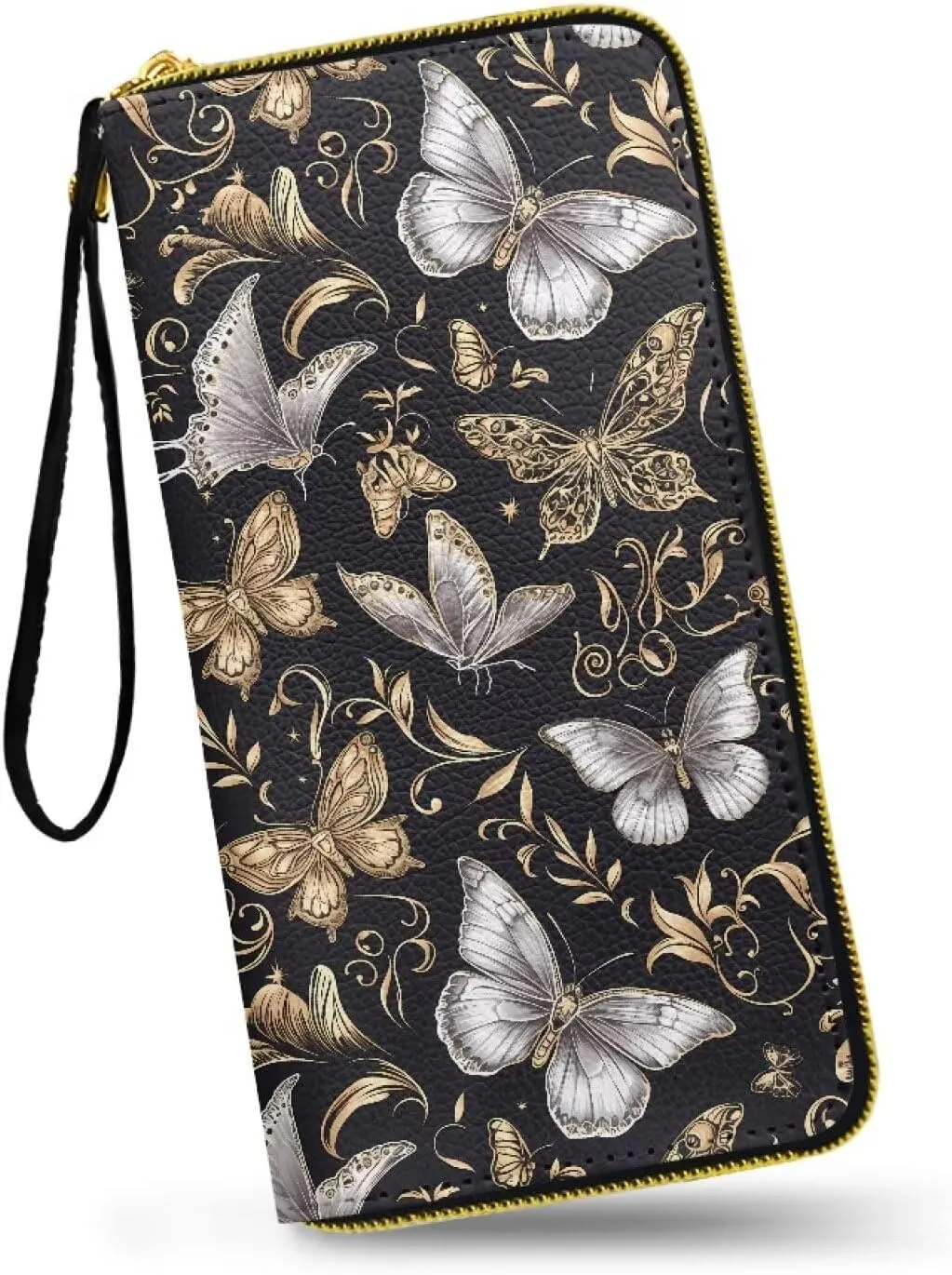 Silver Gold Butterfly Zip Around Wallet for Women Credit Card Holder with Coin Purse, Butterflies Floral Zipper Long Wallets Phone Money Organizers