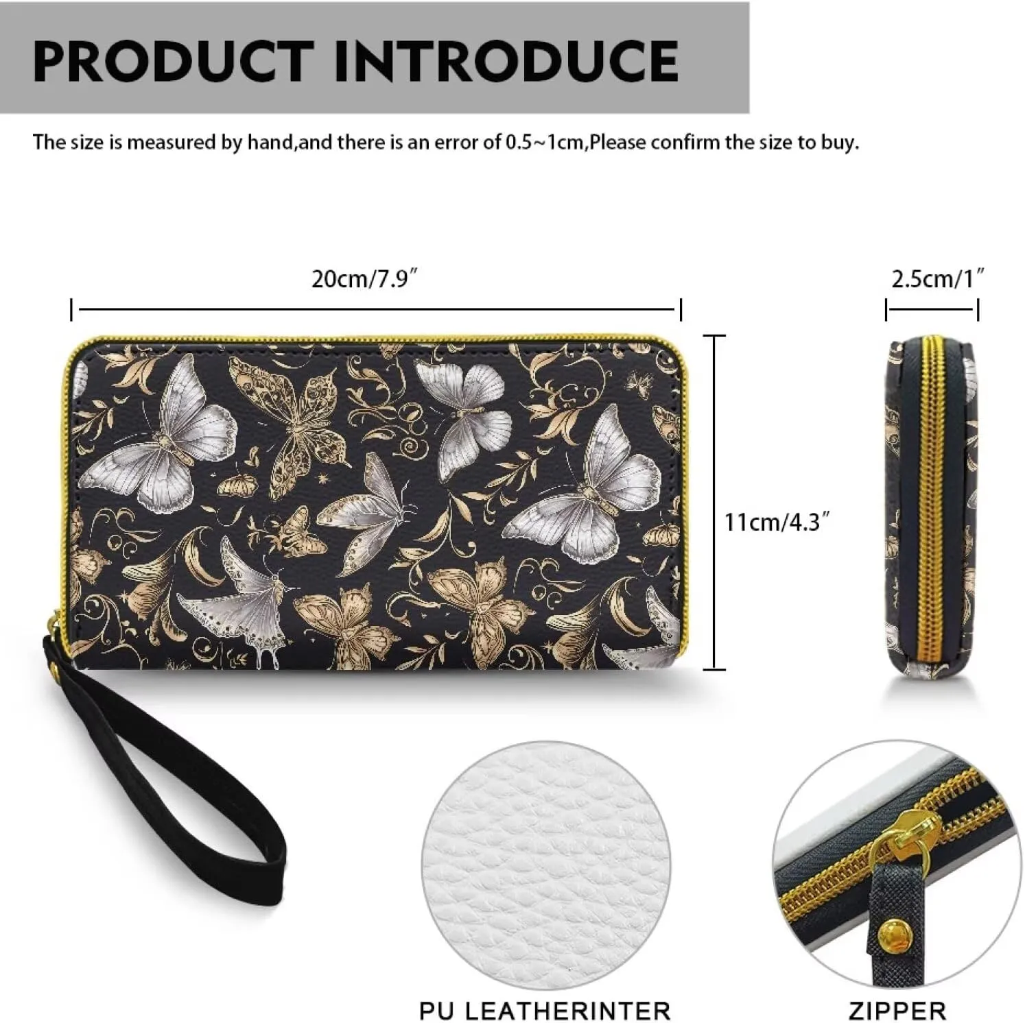 Silver Gold Butterfly Zip Around Wallet for Women Credit Card Holder with Coin Purse, Butterflies Floral Zipper Long Wallets Phone Money Organizers