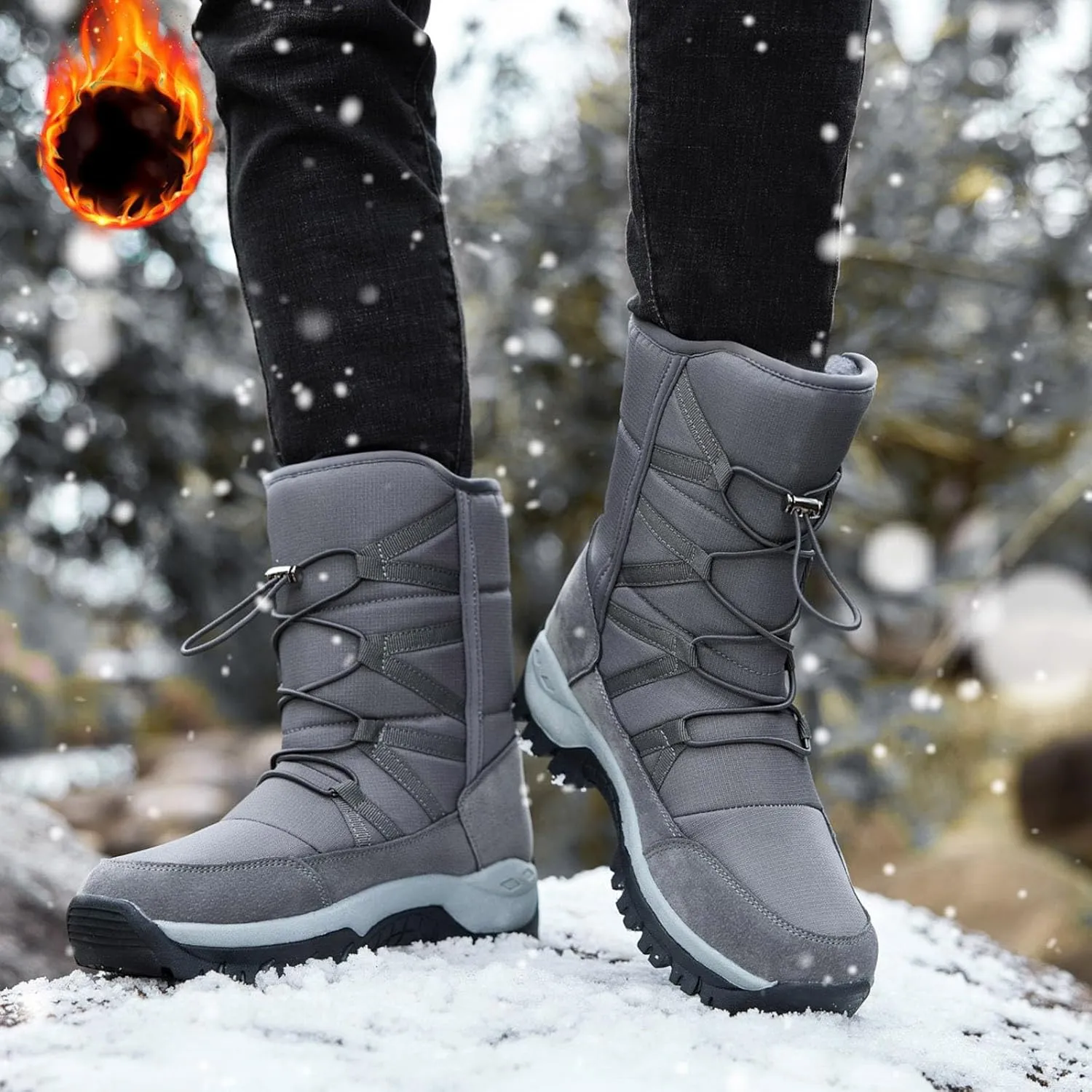 Snow Boots for Men Warm Furry Lined Footwear Waterproof Outdoor Lightweight Winter Boots Slip on Ankle Booties Non-slip Climbing Shoes Hiking Boots