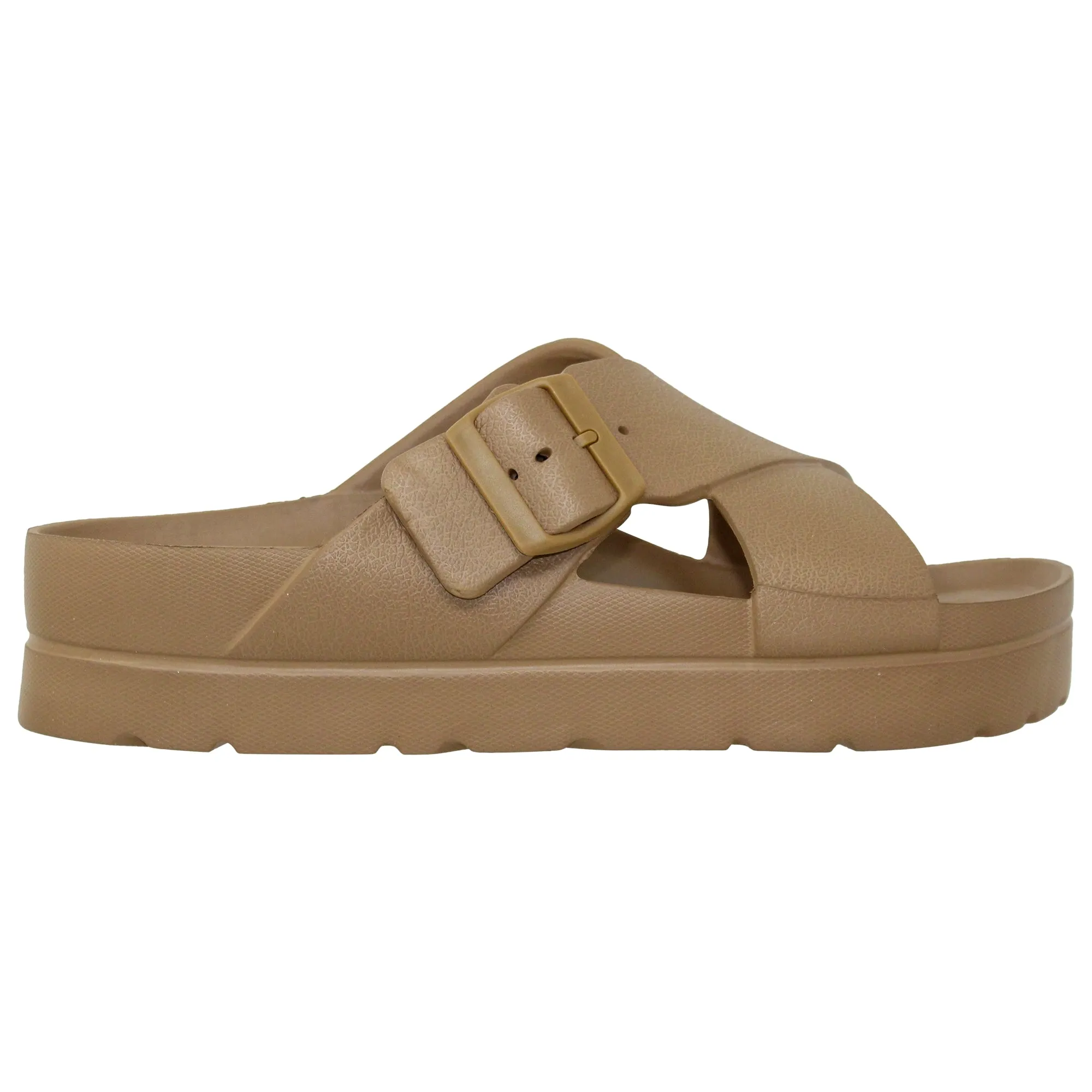 SOBEYO Light-Weight  Platform Sandals Criss-Cross Adjustable Buckles Tan