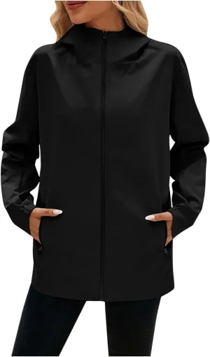 Softshell Trench Coat for Women Zipper Up Long Sleeve Outdoor Hiking Light Hooded Windbreaker with Pockets Climbing Jackets