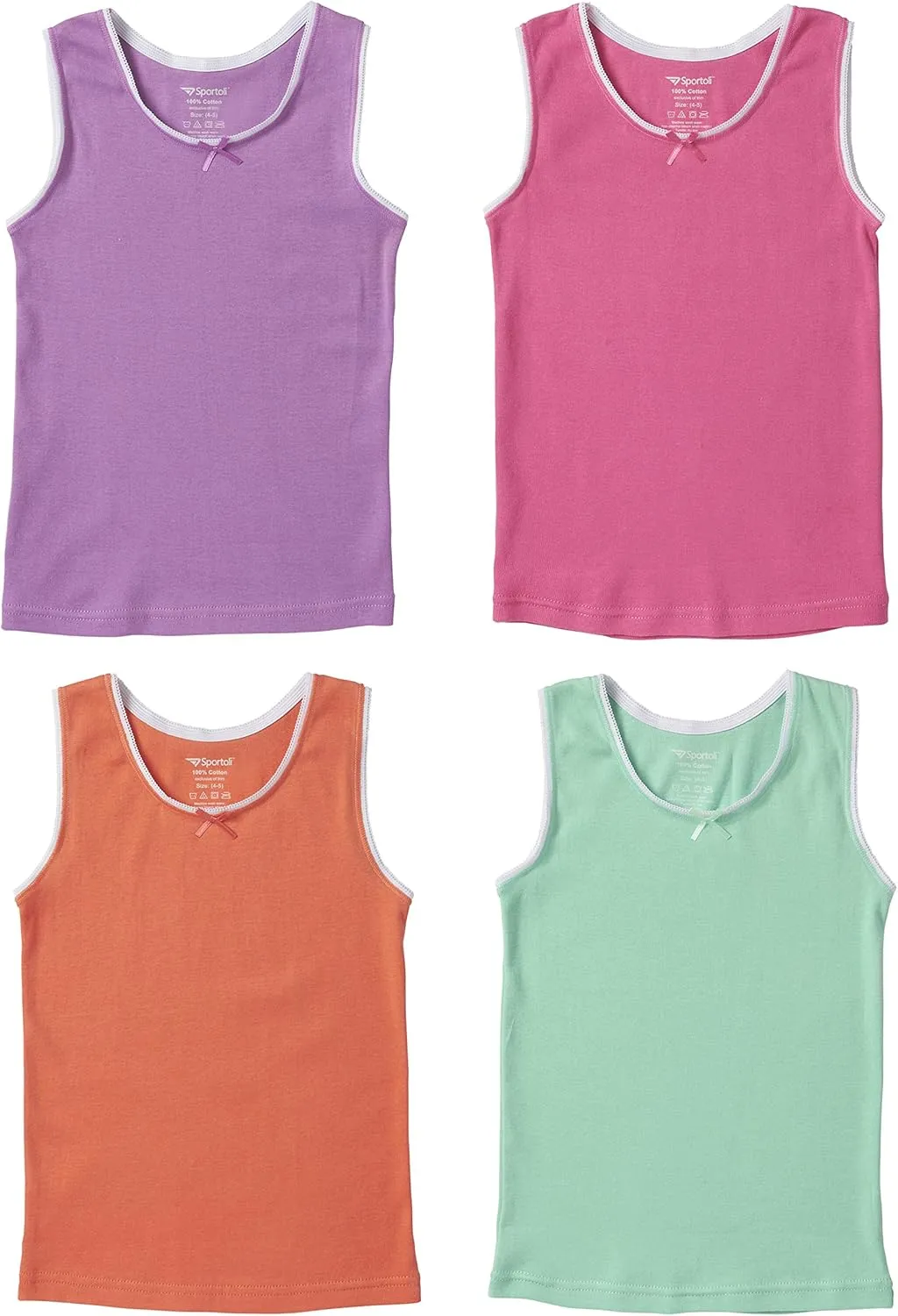 Sportoli Girls Ultra Soft 100% Cotton Tank Top Tagless Cami Undershirts (4 Pack)