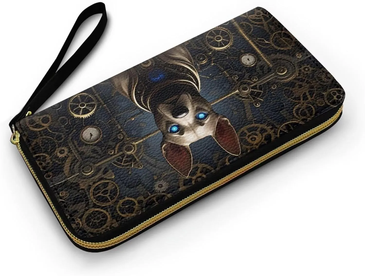 Steampunk Robotic Dog Women's Wallet Long Clutch Mechanical Animals Zip Around Travel Leather Purse, Retro Victorian Era Clockwork PU Leather Ladies Credit Card Holder