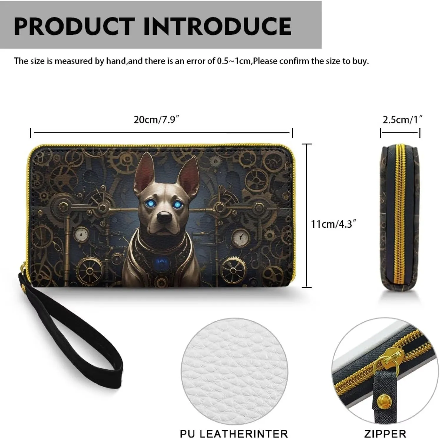 Steampunk Robotic Dog Women's Wallet Long Clutch Mechanical Animals Zip Around Travel Leather Purse, Retro Victorian Era Clockwork PU Leather Ladies Credit Card Holder