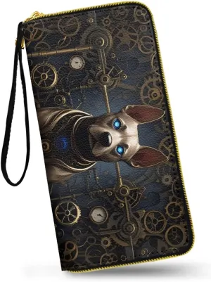 Steampunk Robotic Dog Women's Wallet Long Clutch Mechanical Animals Zip Around Travel Leather Purse, Retro Victorian Era Clockwork PU Leather Ladies Credit Card Holder