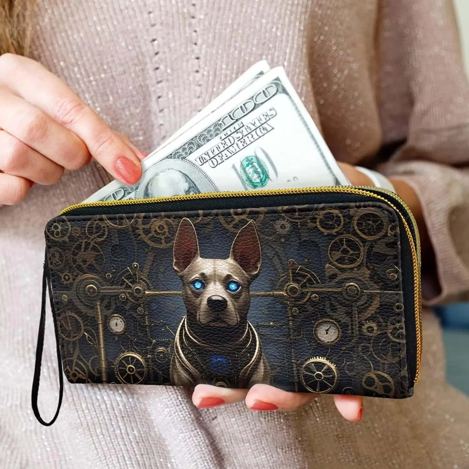 Steampunk Robotic Dog Women's Wallet Long Clutch Mechanical Animals Zip Around Travel Leather Purse, Retro Victorian Era Clockwork PU Leather Ladies Credit Card Holder
