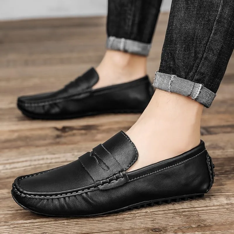 TAYGUM Men's Loafers Shoes Round Toe Leather Driving Style Loafer Flat Heel Flexible Anti-Slip Walking Party Slip-on