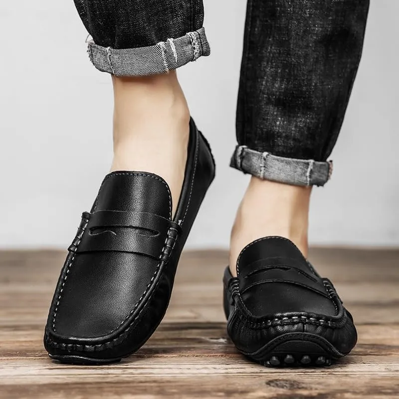 TAYGUM Men's Loafers Shoes Round Toe Leather Driving Style Loafer Flat Heel Flexible Anti-Slip Walking Party Slip-on
