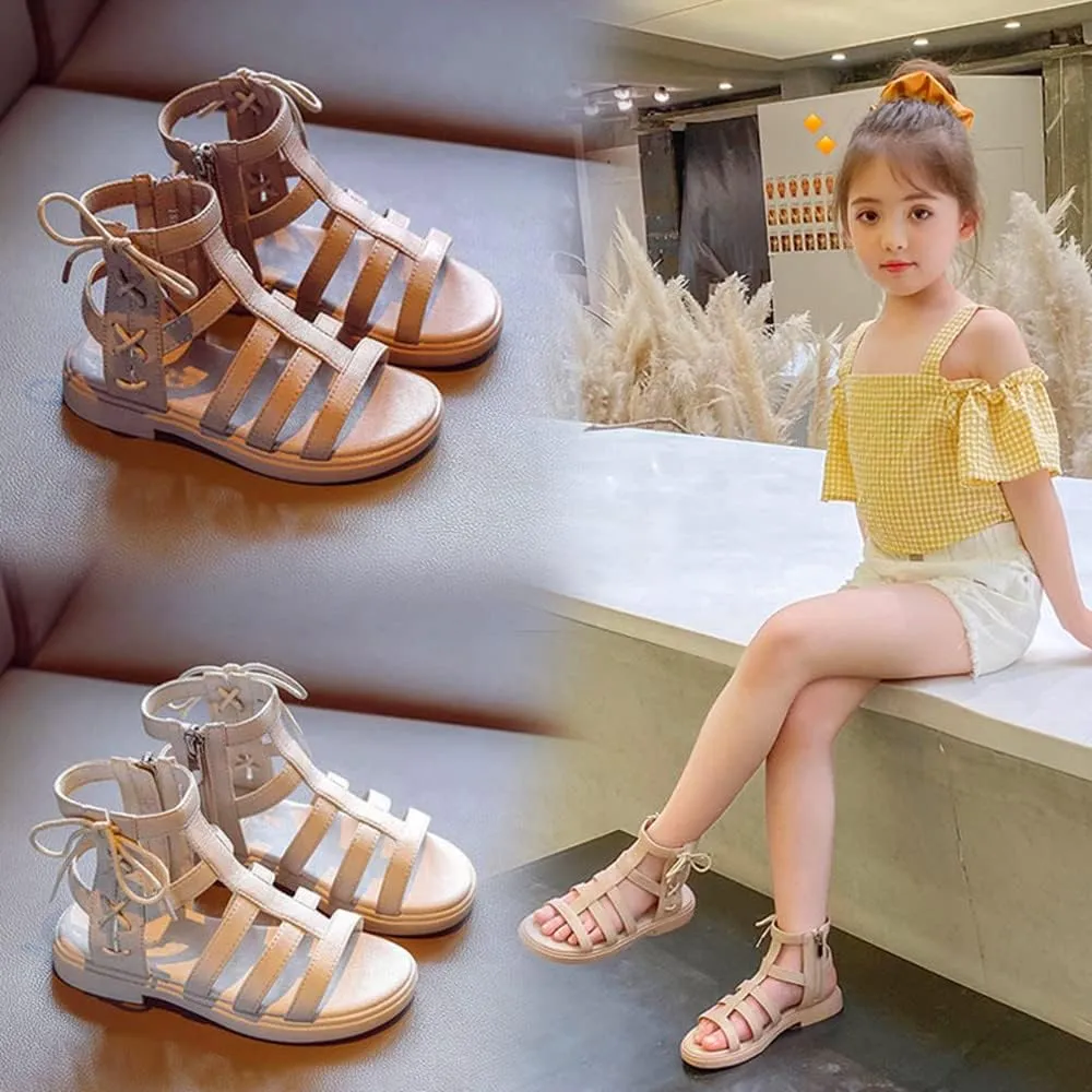 Toddler Little Girls Sandals Gladiator Open Toe Shoe Side Zipper Strapped Fashion Summer Boots Beach Shoes Outdoor Princess Dress Flats