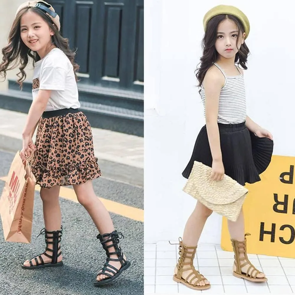Toddler Little Girls Summer Zipper Open Toe Strappy Gladiator Sandals Fashion Outdoor Summer Boots Dress Flats