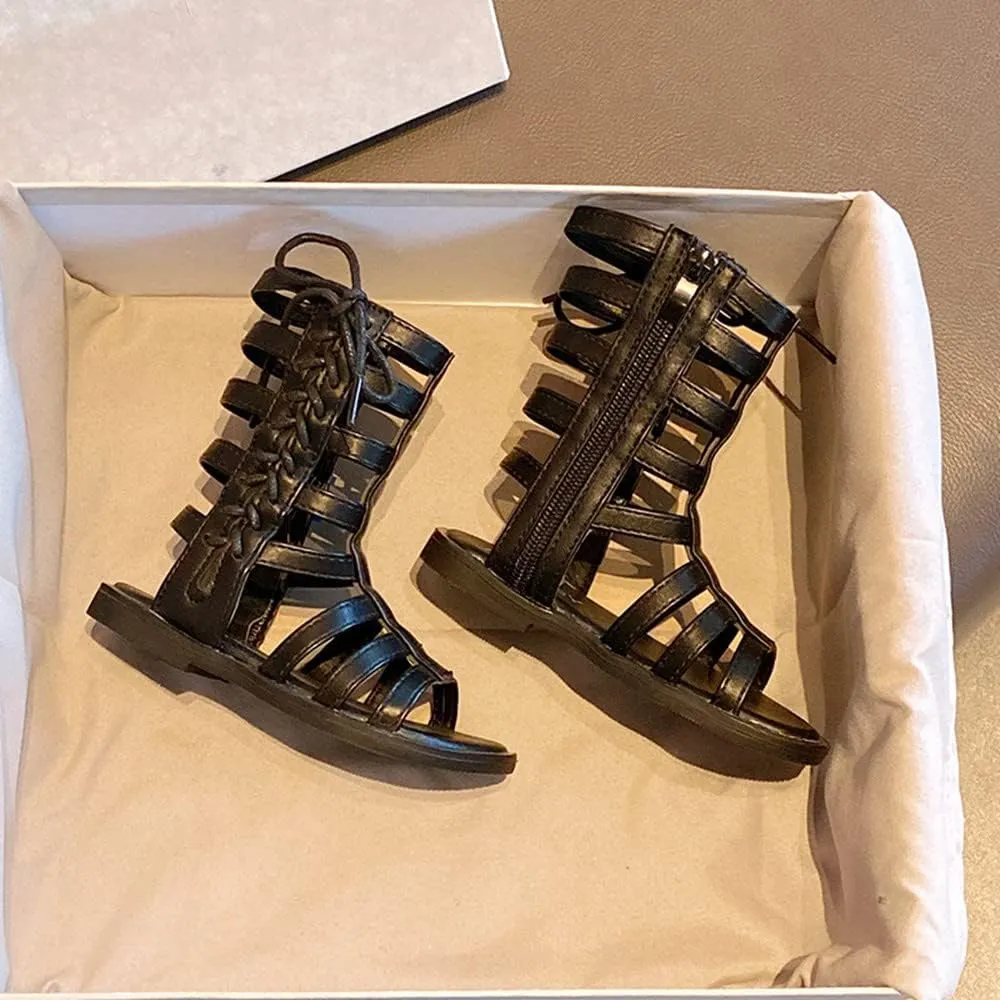 Toddler Little Girls Summer Zipper Open Toe Strappy Gladiator Sandals Fashion Outdoor Summer Boots Dress Flats