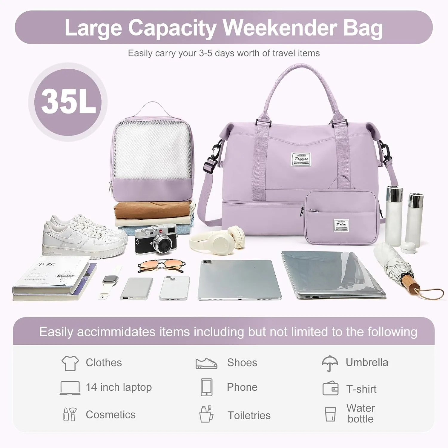 Travel Duffle Bag for Women,Weekender Overnight Bag with Shoe Compartment,Carry on Personal Item Travel Bag,3 Pcs Set,Purple