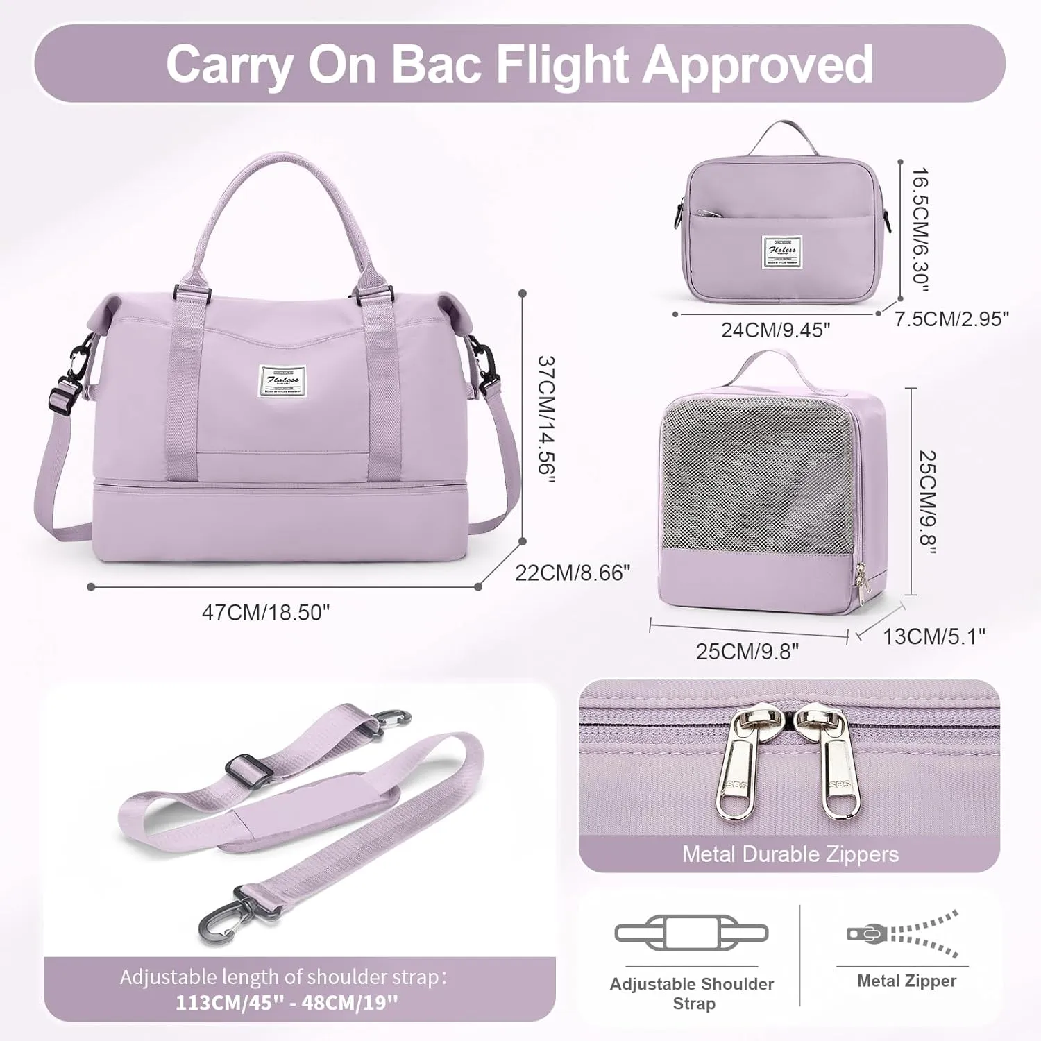 Travel Duffle Bag for Women,Weekender Overnight Bag with Shoe Compartment,Carry on Personal Item Travel Bag,3 Pcs Set,Purple