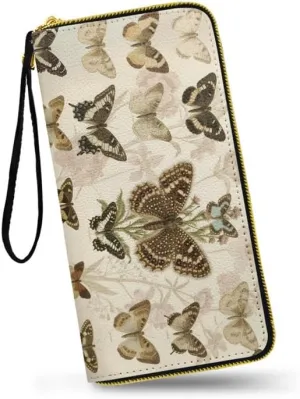 Vintage Butterfly Illustration Print Slim Wallet for Women Vegan PU Leather Long Billfold Wallets, Scientific Butterflies Collection Wristlet Clutch Card Organizer