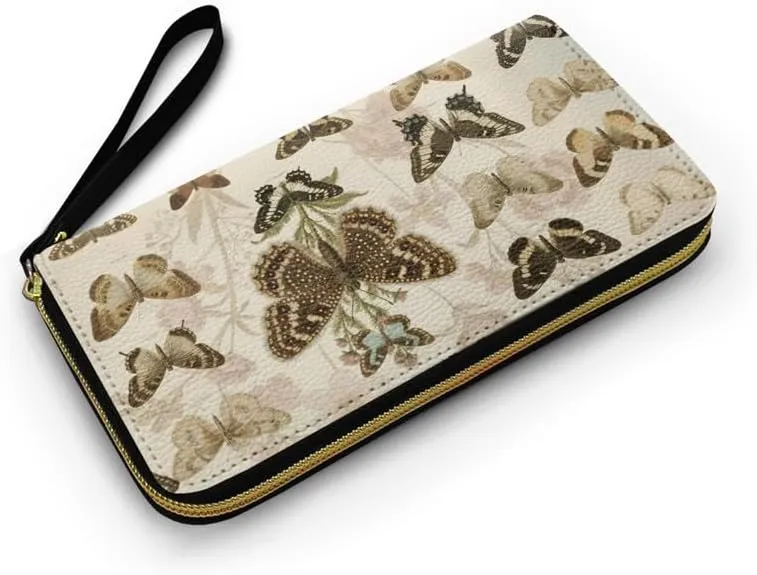 Vintage Butterfly Illustration Print Slim Wallet for Women Vegan PU Leather Long Billfold Wallets, Scientific Butterflies Collection Wristlet Clutch Card Organizer