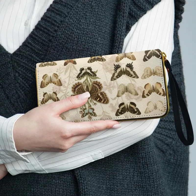 Vintage Butterfly Illustration Print Slim Wallet for Women Vegan PU Leather Long Billfold Wallets, Scientific Butterflies Collection Wristlet Clutch Card Organizer
