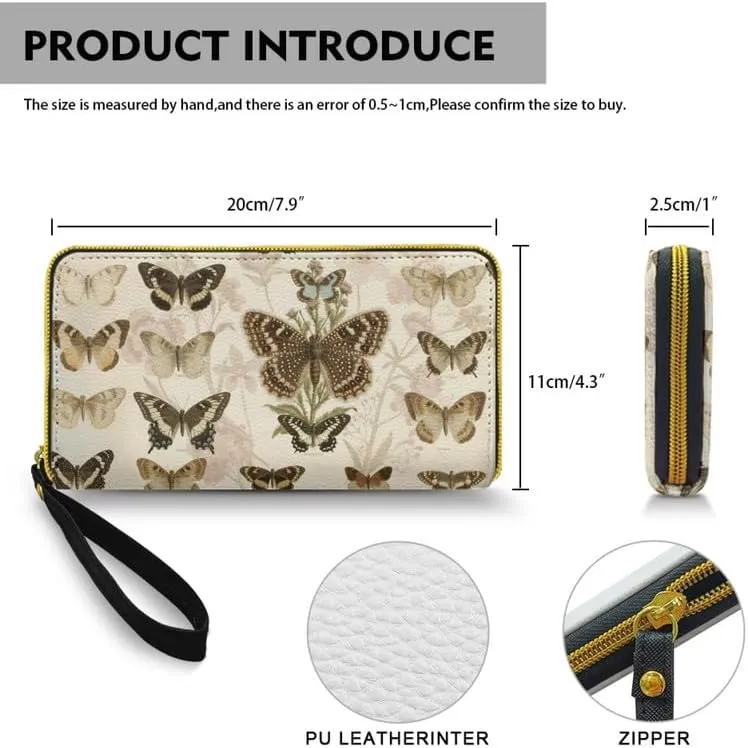 Vintage Butterfly Illustration Print Slim Wallet for Women Vegan PU Leather Long Billfold Wallets, Scientific Butterflies Collection Wristlet Clutch Card Organizer