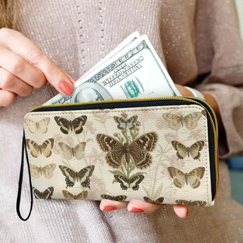 Vintage Butterfly Illustration Print Slim Wallet for Women Vegan PU Leather Long Billfold Wallets, Scientific Butterflies Collection Wristlet Clutch Card Organizer