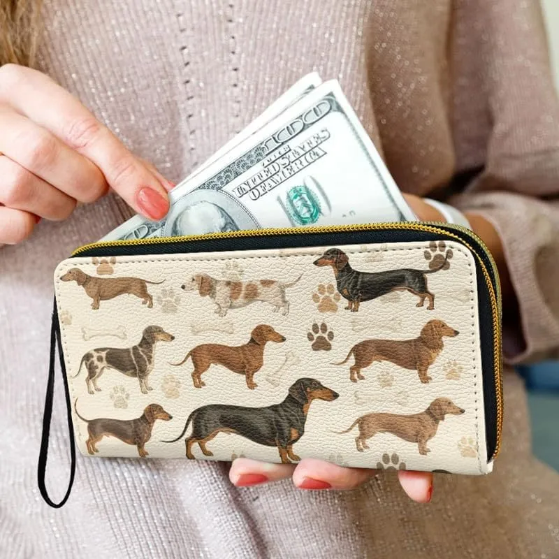 Vintage Dogs Pattern Women Long Wallet Leather Zip Around Phone Clutch, Scientific Puppy Illustrations Slim Credit Cards Holder Purse Vegan PU Leather Billfold Wallets