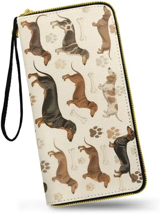 Vintage Dogs Pattern Women Long Wallet Leather Zip Around Phone Clutch, Scientific Puppy Illustrations Slim Credit Cards Holder Purse Vegan PU Leather Billfold Wallets
