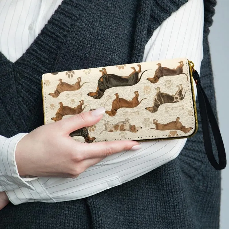Vintage Dogs Pattern Women Long Wallet Leather Zip Around Phone Clutch, Scientific Puppy Illustrations Slim Credit Cards Holder Purse Vegan PU Leather Billfold Wallets