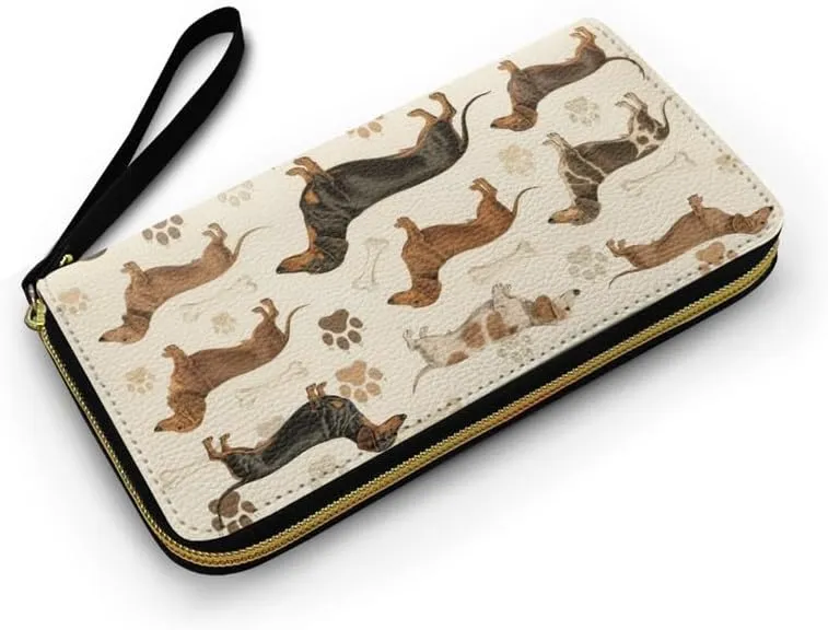 Vintage Dogs Pattern Women Long Wallet Leather Zip Around Phone Clutch, Scientific Puppy Illustrations Slim Credit Cards Holder Purse Vegan PU Leather Billfold Wallets