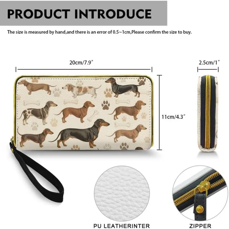 Vintage Dogs Pattern Women Long Wallet Leather Zip Around Phone Clutch, Scientific Puppy Illustrations Slim Credit Cards Holder Purse Vegan PU Leather Billfold Wallets