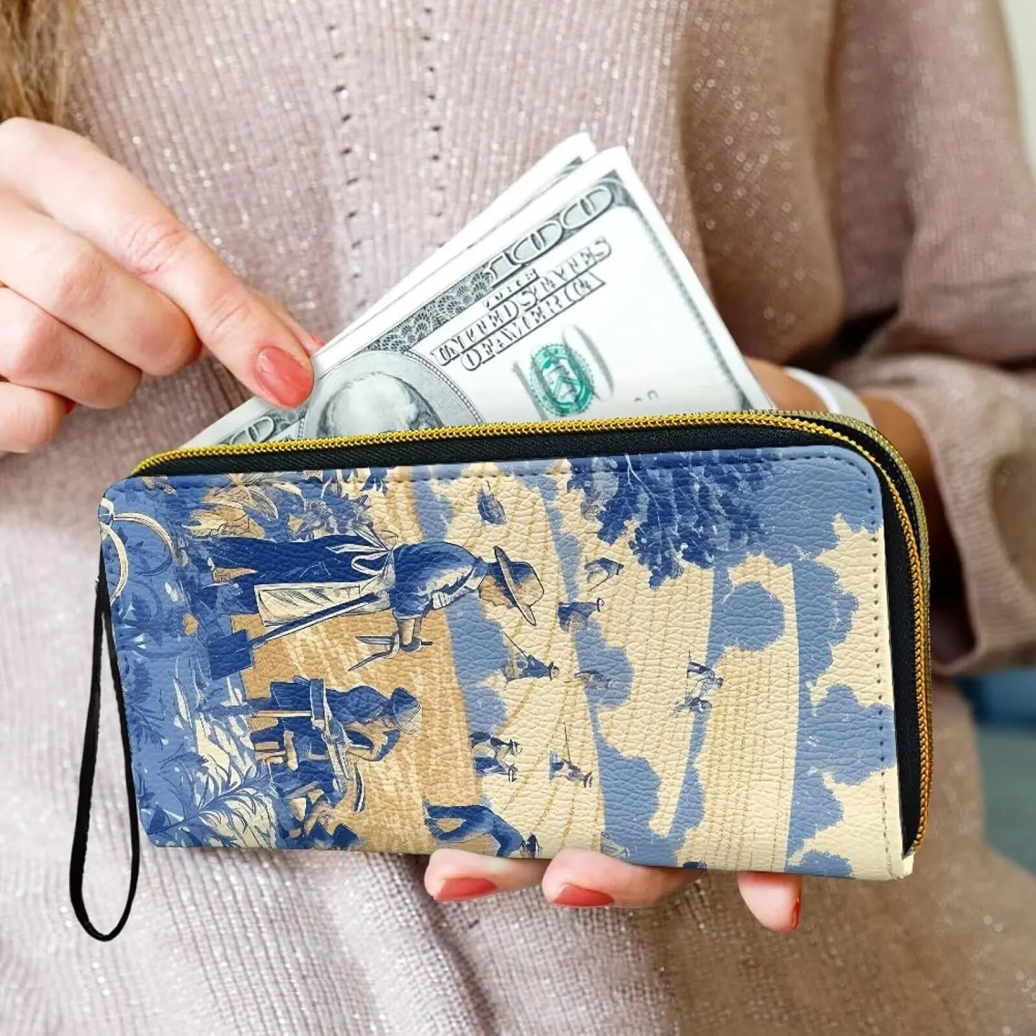 Vintage Farmland Print Women Zip Around Organizer Wallet, Retro Painting Countryside Farmer Printed Long Zipper PU Clutch Wallet French Style Slim Purse for Credit Card